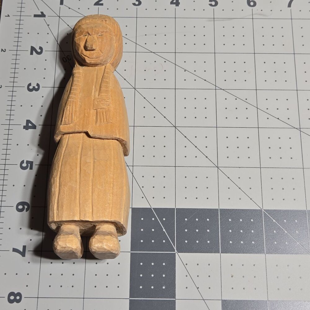 Hand Carved Wooden Figurine Good Standing Brown Clothed In Robe Folk Art